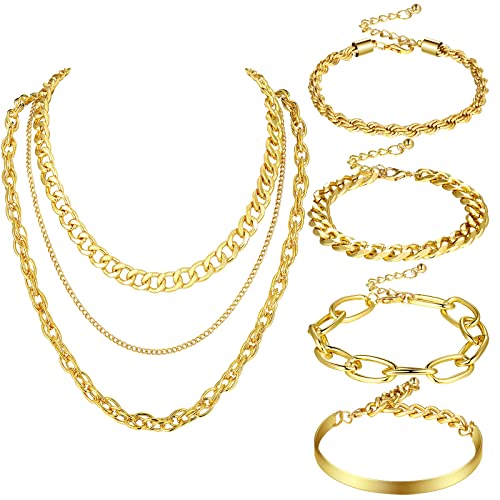 Glenmal 7 Pcs Gold Sliver Jewelry Set for Women 80s 90s Accessories Hip Hop Choker Costume Chunky Necklaces Bracelet(Gold L)
