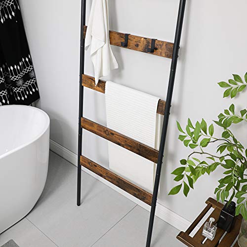 VASAGLE Blanket Ladder Shelf, Wall-Leaning Rack, 5-Tier Closet Quilt Stands, with 4 Hooks, Rustic Brown ULLS011B01