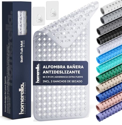 homerella® Alfombra Bañera Antideslizante Ducha 88x39cm, Incl. Ganchos | Alfombra Ducha Antideslizante Bañera sin BPA | Alfombrilla Baño Resistente al Moho y Lavable a máquina & Delicada con la Piel