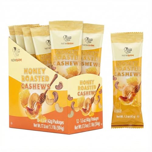 Image of NEWBAM Honey Roasted Cashews - 12 Individual Packs (1.5oz) - Real Honey | No corn syrup coating. 7g protein, Gluten-Free. From Binh Phuoc, Vietnam.
