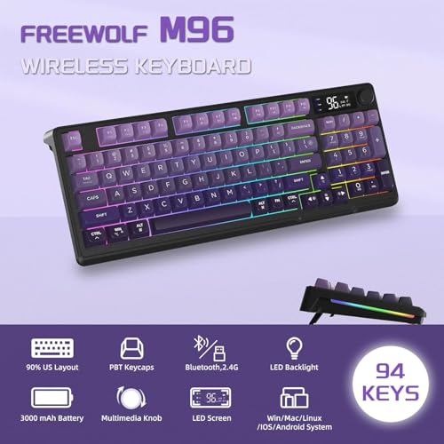 Image of Free wolf M96 Wireless Gaming Keyboard Creamy Membrane 94Key ANSI-Purple | Rainbow Backlight,Media Knob,LCD Screen,Dual Mode-Bluetooth /2.4Ghz,Ball Shape PBT Keycap,3000mAh battery for Win Mac PC Gamer