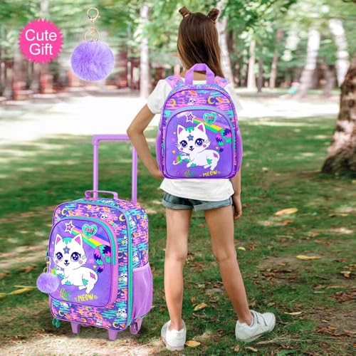 2Pcs Girls Suitcase Set, Kids Carry on Rolling Luggage with Wheels, Cat Travel Suitcases with Toddler Backpack(Pink)2