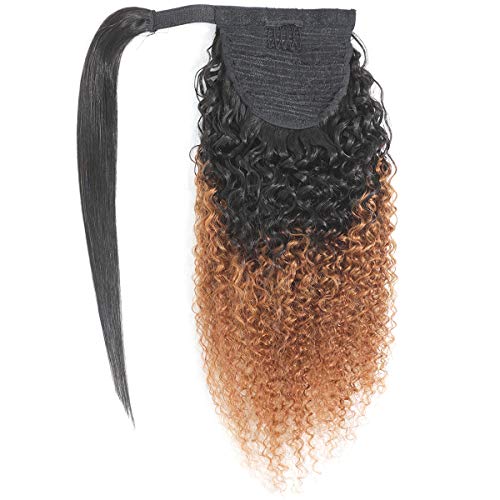 Feelgrace Afro Kinky Curly Ponytail Extension Human Hair for Women Girls 3C Human Hair Extension Clip in on Curly Hair Ponytail Hairpiece 1B Brown Wrap Around Curly Wave Ponytails (16 inch)