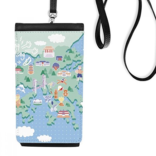 Pochette de téléphone suspendue noire avec motif de Hong Kong en cuir