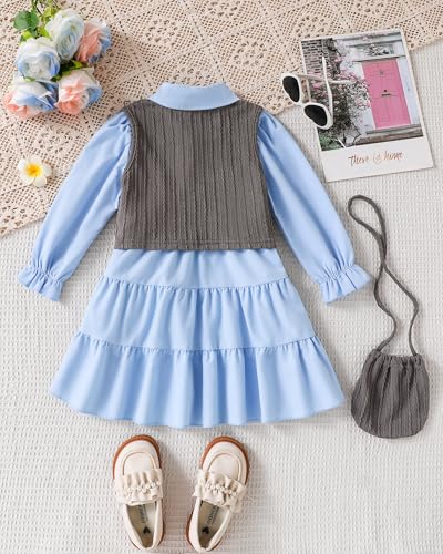 Toddler Little Girls Dress Fall Winter Clothes Long Sleeve Shirt Dresses and Knit Vest Set Kids Girls Outfits4