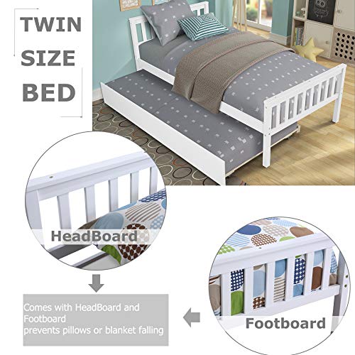 Twin Bed with Trundle Wood Platform Bed Frame with Headboard and Footboard Captains Bed for Bedroom Small Living Space, Wood Slat Support No Box Spring Needed