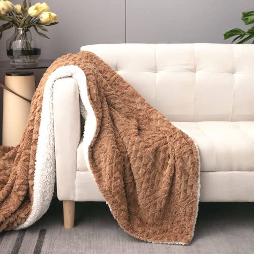 Tache Caramel Brown Faux Fur Throw Blanket - Chevron Geometric Embossed Super Soft Warm Fluffy White Sherpa Plush - 50" X 60" #TOP4