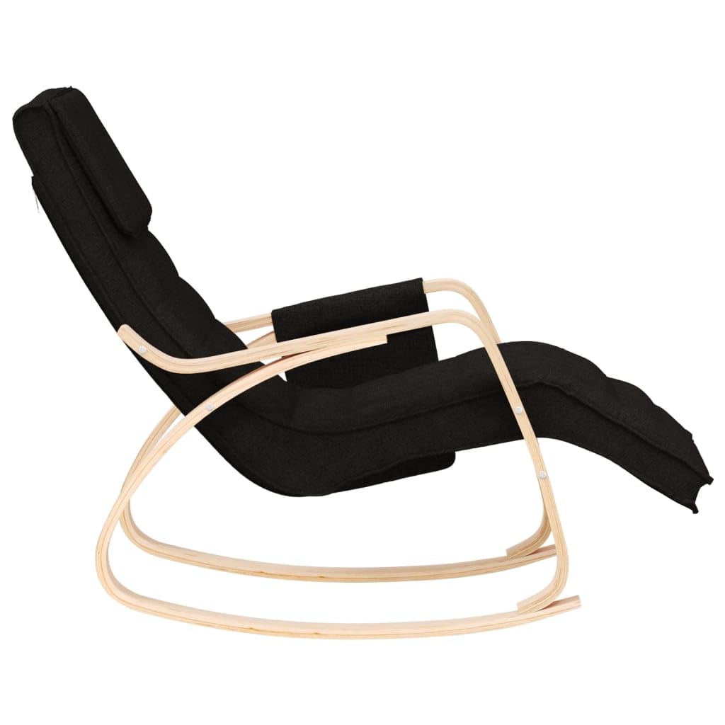 Sedia a dondolo in tessuto nero con struttura in legno massello di betulla, seduta e braccioli imbottiti, 67 x 80 x 88 cm, sedia relax per soggiorno, camera da letto, cameretta dei bambini