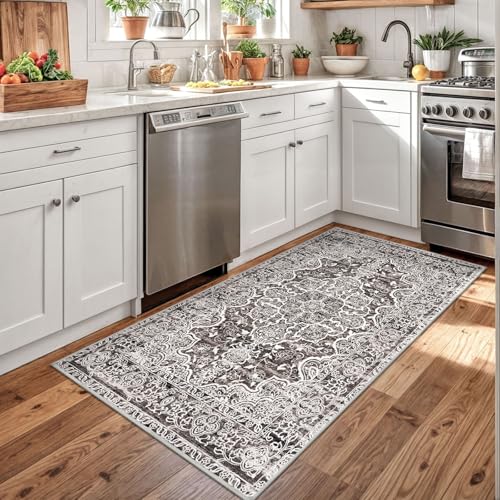 KUTA Vintage Floral Rug 3x5, Area Rugs for Living Room Tan Grey Washable Kitchen Non-Slip, Ultra Soft Printed Distressed Tribal Low-Pile Entry Throw Carpet for Nursery Living Room