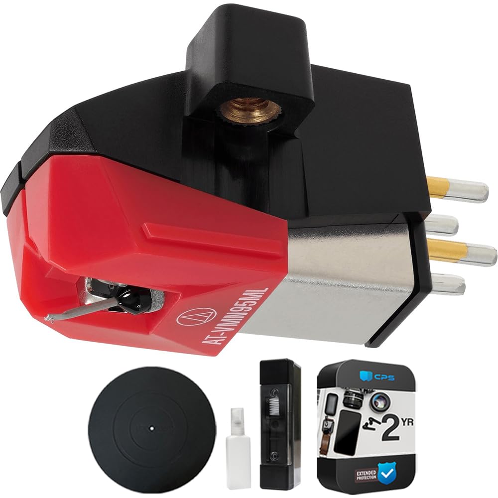 Audio-Technica AT-VM95ML Dual Moving Magnet Turntable Phono Cartridge Red Bundle with 12 inch Silicone Rubber Mat, Vinyl Record Cleaning Fluid System and 2 YR CPS Enhanced Protection Pack