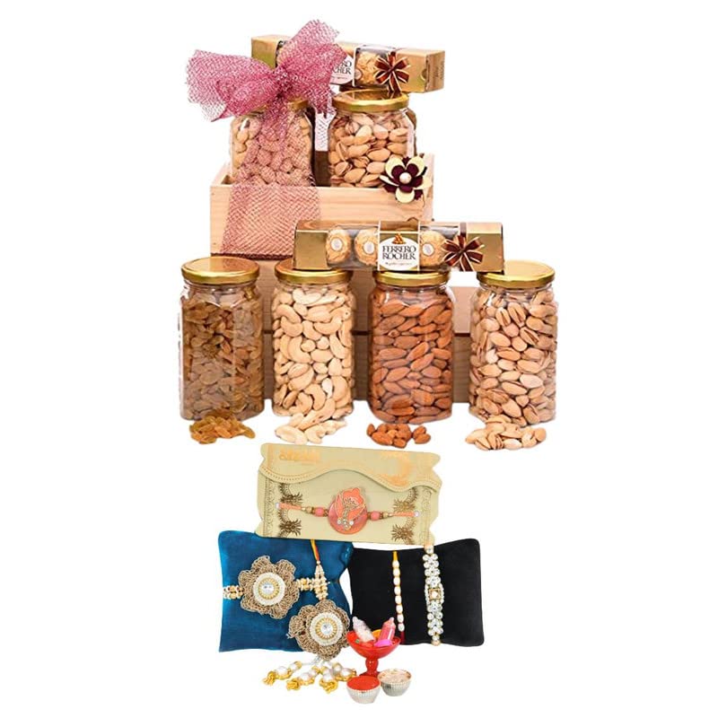 Image of NUTRI MIRACLE Rakhi Dry Fruit & Nut Gifts For Brother /Bhai With Traditional Rakhis For Family,450gm