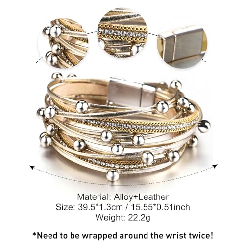 Fesciory Leather Wrap Bracelets for Women, Boho Leopard Multi-Layer Crystal Beads Cuff Bracelet Jewelry