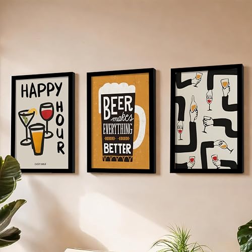 Image of PAINTINGMANTRA Bar and Beer Retro Graphic Framed Poster for Living Room inchHappy Hour inch Retro Framed Painting for Home Decor Bar Pub Lounge Dining area restaurant Hotel Set of 3, Size 33x45 cm