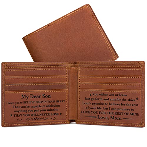 kullder Personalized Wallet for Son from Mom Gift Mens Engraved Wallet Leather to Son Gifts on Christmas, Birthday, Graduation