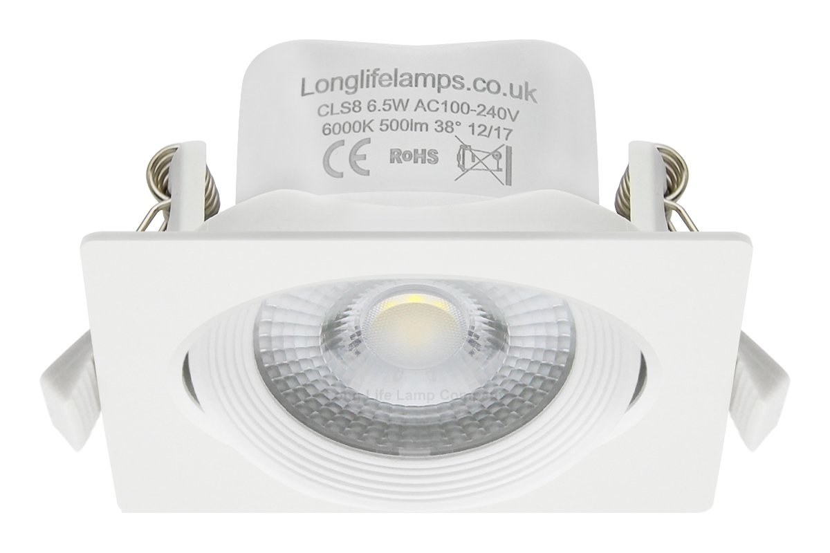 Long Life Lamp Company 4 x Adjustable 6.5w LED Recessed Ceiling Downlights Square 6000k Daylight White 500 Lumens CLS8