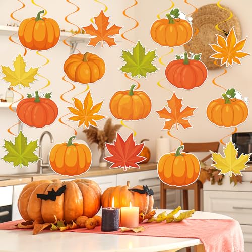 Image of 40Pcs Fall Pumpkin Maple Leaf Hanging Swirl Decorations, Autumn Thanksgiving Party Ceiling Hanging Swirls Fall Hanging Swirls Streamers for Autumn Thanksgiving Harvest Party Decor Supplies