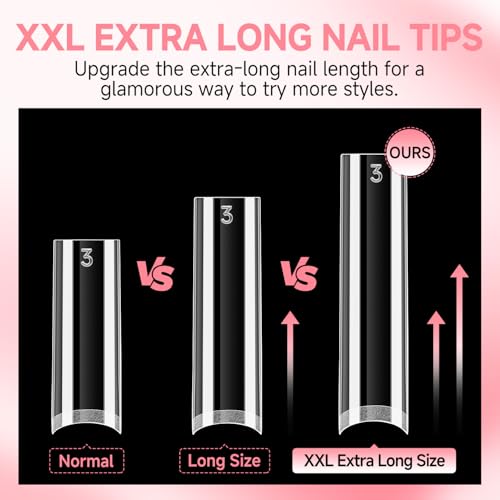Image of UNA GELLA No C Curve Nail Tips 504 PCS Extra Long XXL Tapered Square Nail Tips Half Cover Nails tips Straight Shape For French Acrylic Nails False Fake Clear Tips Square Shape with Box
