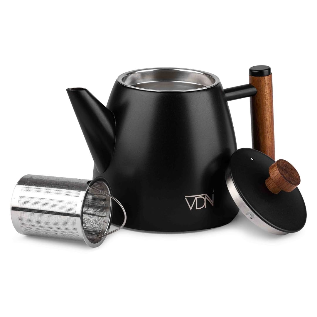 VDN Teekanne mit Siebeinsatz - Teapot [1L, 5-6 Tassen] - Teekanne Thermo, Edelstahl [Doppelwandig, bis zu 1h warm] - Teebereiter [für losen Tee, Ingwer & Kräutermischungen] - 802