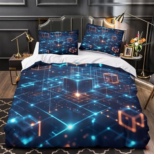 Housse de couette grille technologique impression 3D effet visuel futuriste 220x240cm - 2