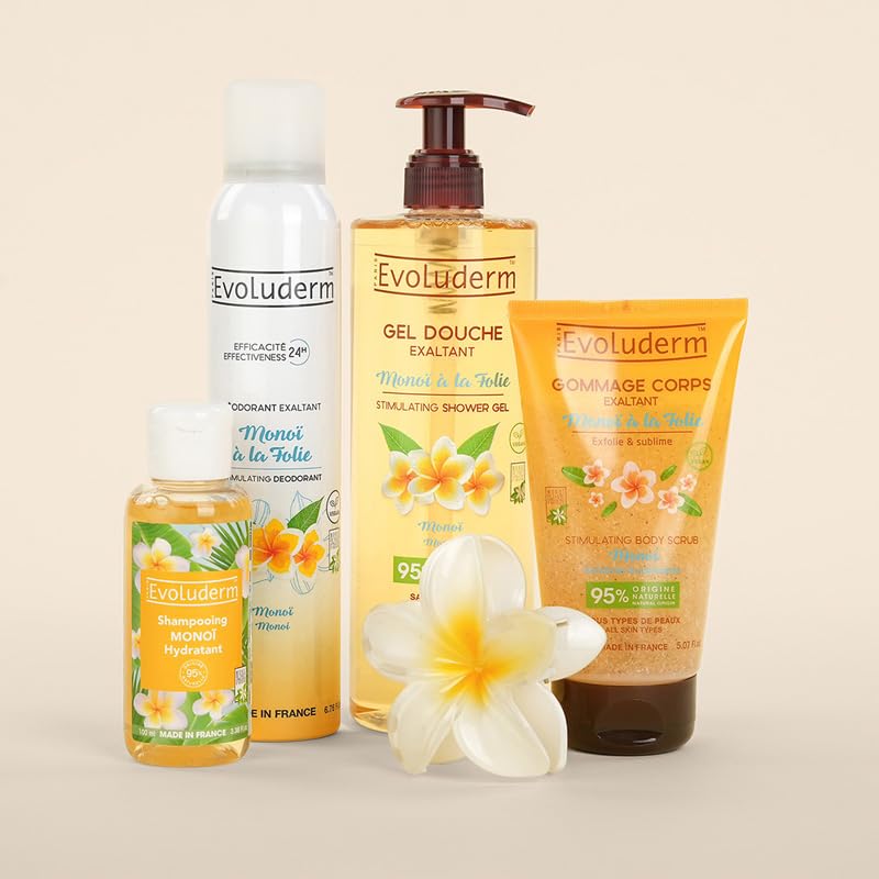 EVOLUDERM - Offre Découverte Monoï à la Folie - 1 Gel Douche 500ml + 1 Gommage Corps 150ml + 1 Déodorant 200ml + 1 Shampoing 100ml + 1 Pince Offerte -...