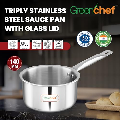 Image of Greenchef SS Tri ply Steel Crest - Sauce pan 14cm, Stainless Steel Exterior Surface, Ergonomic Handles, Induction Compatible, Scratch Resistant, 5Year Warranty