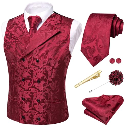 Hi-Tie Burgundy Silk Waistcoat Set 6 PCS Formal Double Breasted Dress Vest Tie Pocket Square Lapel Pin Set Men Waistcoat