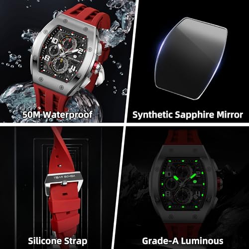 Image of TSAR BOMBA Mens Luxury Watch Watches for Men 50M Waterproof Japanese Quartz Movement Tonneau Stainless Steel Case Sapphire Glass with Chronograph Date Function Cool Unique Fashion Gift