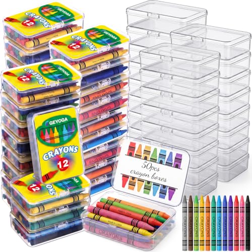 Image of Geyoga 50 Set Plastic Crayon Boxes with 600 Pcs 12 Color Crayons Bulk | 3.7 x 2.6 x 0.9 Inches Crayon Organizer Case, Stackable Crayon Storage with Name Tags, Back to School Essentials Party Favors