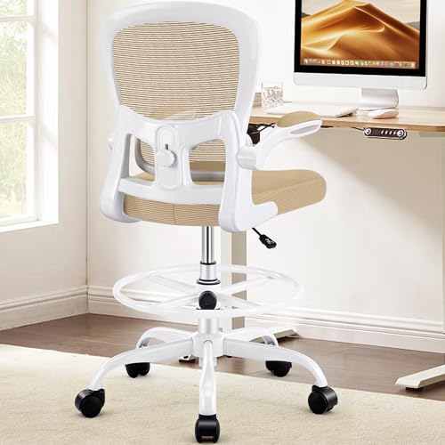 Image of AreShark Drafting Office Chair - Ergonomic Tall Office Chair with Adjustable Footrest Ring - Counter Height Adjustable Rolling Standing Desk Chair with Lumbar Support and Flip-up Armrests for Home