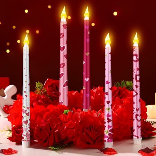 Image of Aurelema 5 Pcs Valentines Day LED Flameless Candle Set Valentine Day Flameless Taper Candles with Heart Battery Operated Seasonal Celebration with Remote for Wedding Romantic Night