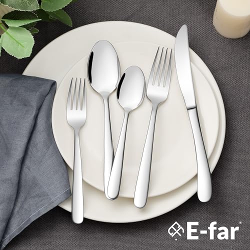 Image of E-far Heavy Duty Silverware Set for 12, 60-Piece Stainless Steel Flatware Cutlery Set, Heavy Weight Metal Tableware Eating Utensils for Home Restaurant Weddings, Mirror Polished & Dishwasher Safe