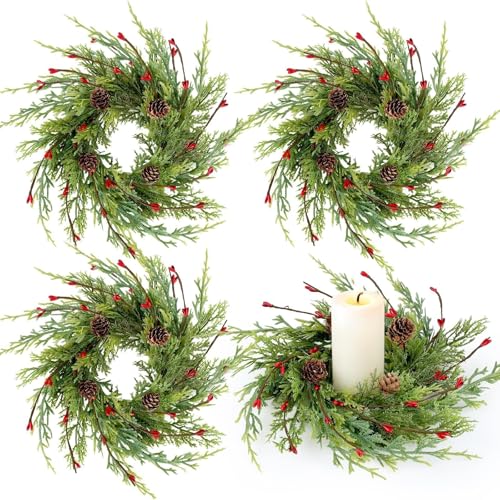 Image of 4 Pcs Artificial Christmas Candle Rings 9 Inch Cedar Pine Garland Wreaths with Red Berries Pinecones Wreaths Pine Needles Candle Ring Holder for Christmas Winter Decorations Table Centerpiece