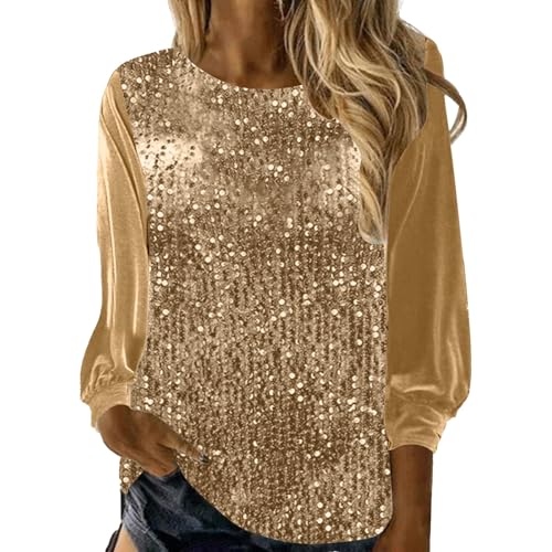 Generisch 2025 Blusa de mujer, cuello redondo, manga larga, con lentejuelas sueltas, blusa elegante con corbata para mujer, dorado, M