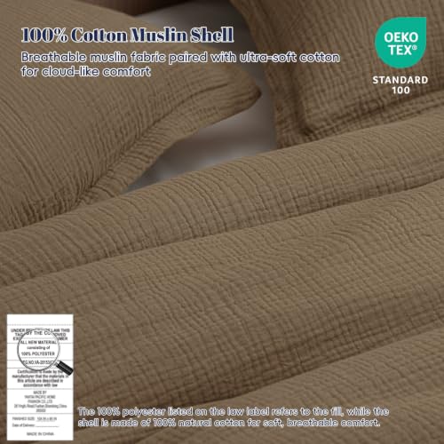 Image of PHF Cotton Muslin Comforter Set King - 100% Cotton Cover, Ultra Soft & Breathable, 3PCS Lightweight All-Season Bedding with Polyester Fill, 1 Comforter 104 inchx90 inch & 2 Pillow Shams 20 inchx36 inch, Mocha