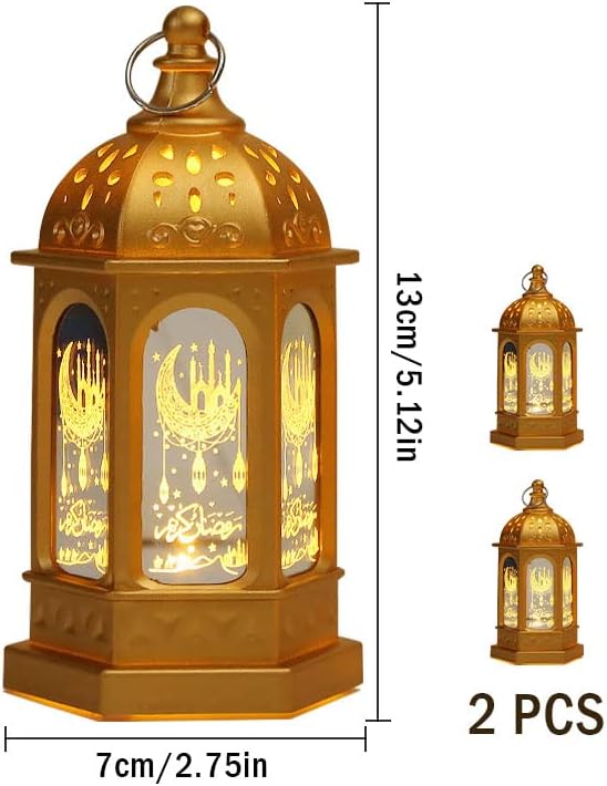 2 Pieces Ramadan Lantern Decoration, Ramadan Candle Lantern, LED Eid Mubarak Lamp, Ramadan Lantern Decor, Hanging Ramadan Lamp, for Home Tabletop Decor Creative Party Supplies (Gold) image 3
