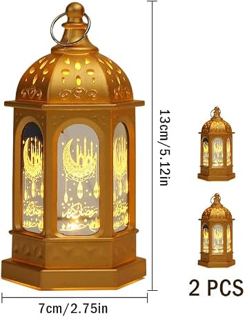 2 Pieces Ramadan Lantern Decoration, Ramadan Candle Lantern, LED Eid Mubarak Lamp, Ramadan Lantern Decor, Hanging Ramadan Lamp, for Home Tabletop Decor Creative Party Supplies (Gold)