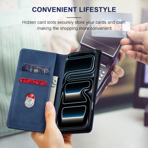 Image of Jasonyu Flip Wallet Case for iPhone 17 Pro,Leather Magnetic Folio Cover with Card Holder,Kickstand - TPU Shockproof Durable Protective Phone Case,Blue
