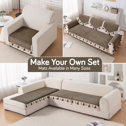 Image of HOKIPO Sofa Cover Mat with Tassel for 1 /2 /3 Seater & L Shape Sofa | DIY Sofa Cover Set | Dyed Holland Velvet | 'TasselTone Series' 70(W) x 150(L) cm |Coffee Brown (IN-1107-CF)