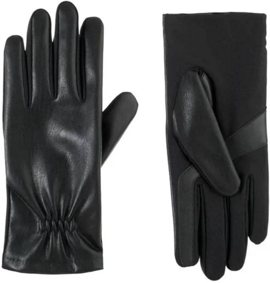 isotoner Women's Faux Stretch Leather Black Glove (Fleece) - A30671 (Black, L/XL)