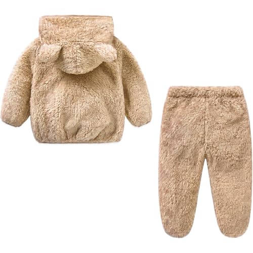 Image of Baby Teddy Bear Ear Soft Flannel Long Sleeve Hoodie & Leggings Unisex All Season Clothing Set For Baby Boys And Baby Girls