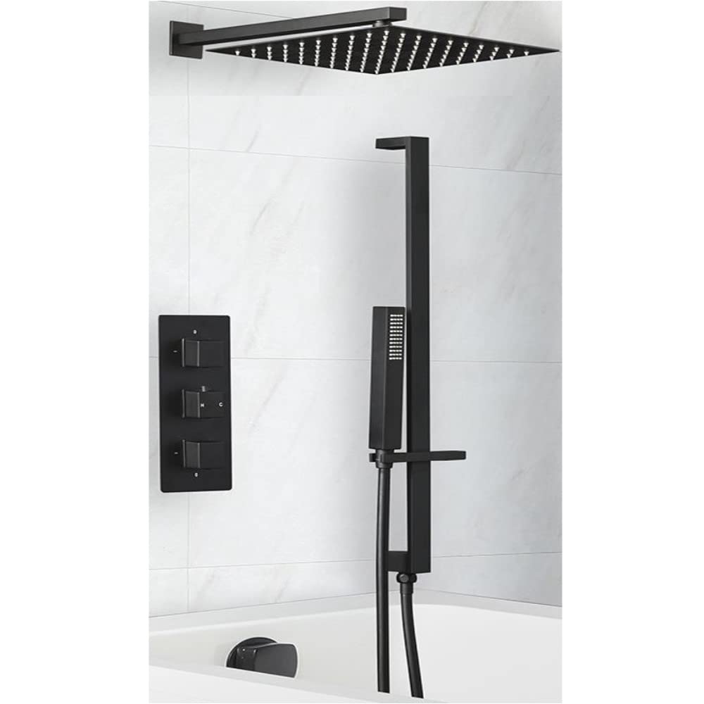 Milano Black Preto Thermostatic Mixer Valve 300Mm Shower Head Handset Riser Rail Bath Filler Tap