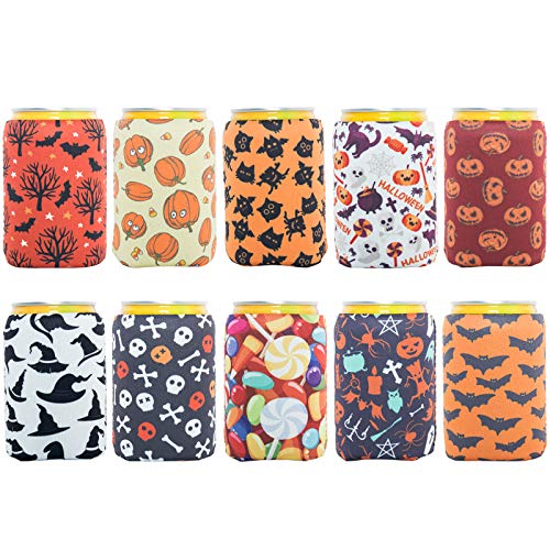 HaiMay 10 Pieces Halloween Beer Can Sleeves Beer Can Coolers Neoprene Drink Cooler Sleeves for Cans and Bottles, Festival Styles