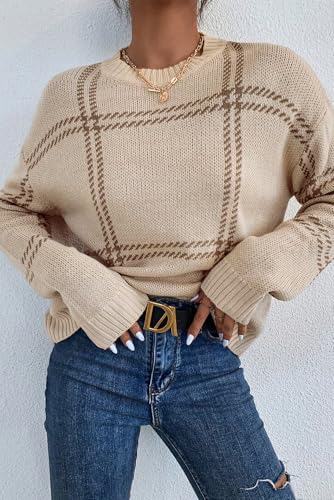 Women's Khaki Plaid Pattern Knitted Long Sleeve Drop Shoulder Sweater2