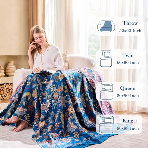 XIBLC Fall Throw Blanket for Couch, Blue Boho Decorative Throw Blanket, 100% Cotton Muslin Breathable Woven Farmhouse Blankets Quilt, 50"x60" Reversible Lightweight Blankets Bohemian Throw Quilt by XIBLC - Used condition - Image 3