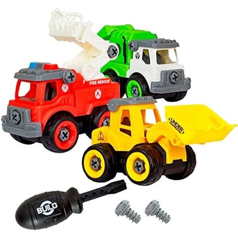 Flybar Power Gearz Take Apart Toy with Screwdriver and Screws- 3 Pack Truck Set for Boys and Girls- Fire Truck, Construction Truck, Garbage Truck- Vehicle Set - Building Toys for Kids Ages 3-5 Cover