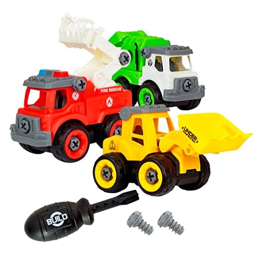 Flybar Power Gearz Take Apart Toy with Screwdriver and Screws- 3 Pack Truck Set for Boys and Girls- Fire Truck, Construction Truck, Garbage Truck- Vehicle Set - Building Toys for Kids Ages 3-5