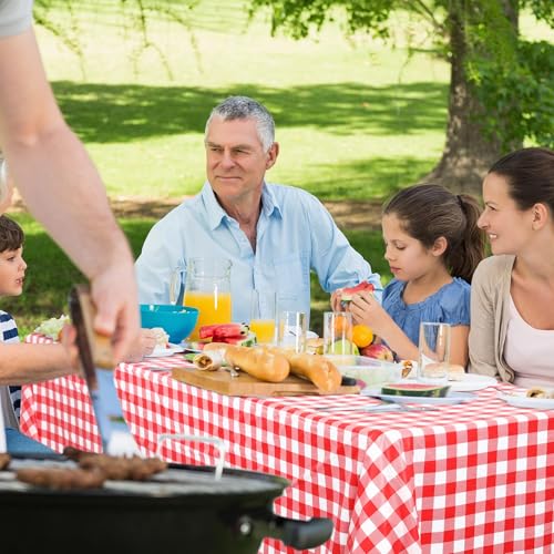 Image of Kochorie 54 Inch x 100 Ft Red Checkered Plastic Table Cloth Roll Disposable Waterproof Table Cover Plastic Table Cover Roll with Easy Slide Cutter for Outdoor Picnic /Home Dining /Summer Party