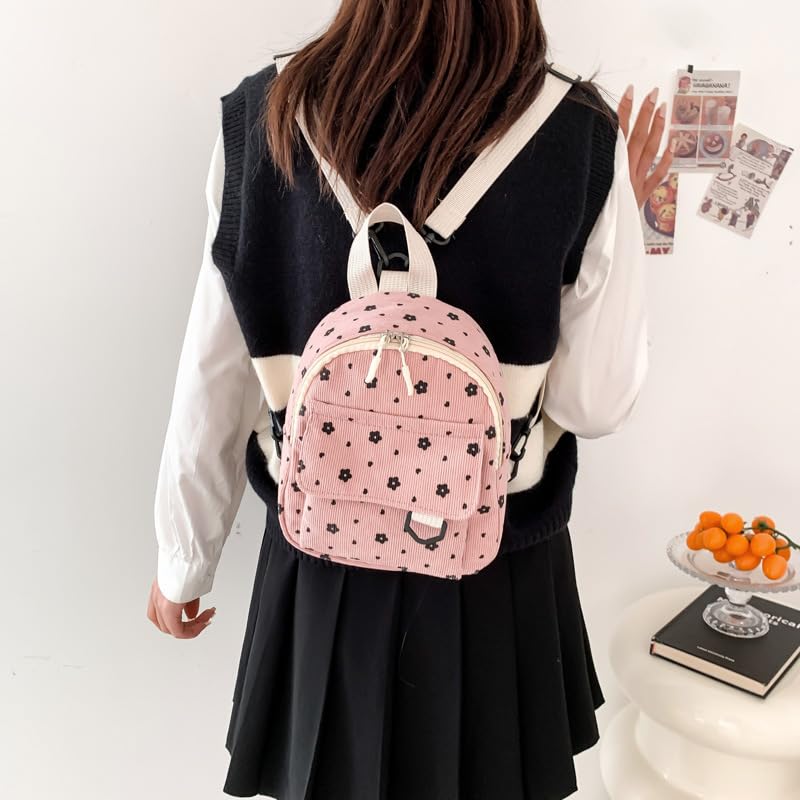 Linda mini mochila feminina de veludo cotelê com estampa de flores simples e leve bolsa pequena, rosa, P