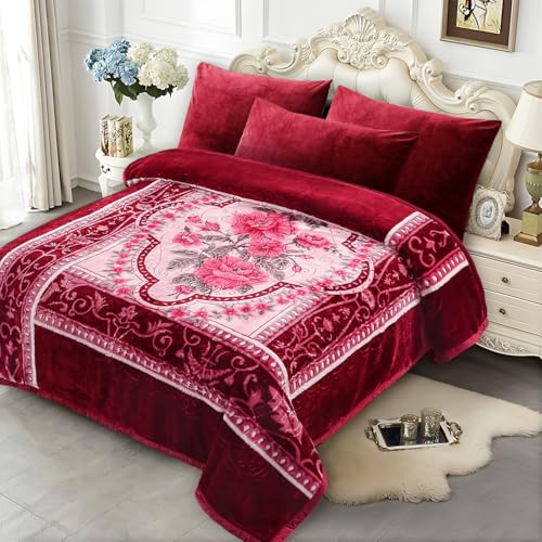 Image of JYK Soft Fleece Bed Blanket King Size A&B Pattern Rose /Rose - 520GSM Fuzzy Cozy Luxury Warm Blanket Microfiber, 2 Ply Reversible Room Home Decor Christmas Decorations, 83 inch x 91 inches, 5.7 LB
