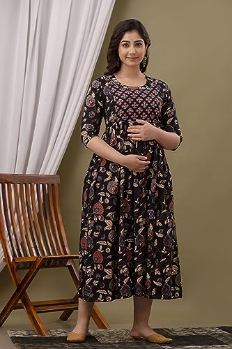 Image of Maternity Feeding Kurti for Women | Cotton Blend Anarkali Dress with Nursing Zip for Pre & Post Pregnancy